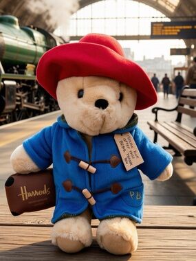 Harrods Classic Paddington Bear in Blue Coat & Red Hat Harrods Suitcase CLEAN